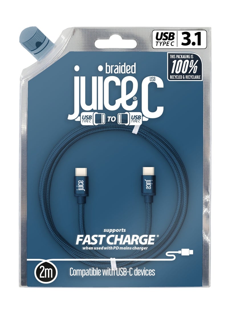 جوس كابل JUICE USB-C إلى USB-C، يدعم الشحن السريع ونقل البيانات، مزود بموصلات قابلة للعكس، مصنوع من مادة TPE، متوافق مع iPhone 17 و16 و15، وiPad Pro، وأجهزة Samsung وGoogle والمزيد، مضفر لمتانة إضافية، بطول 2 متر، باللون الكحلي (Navy). - Image 2